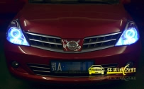 日产老款骐达 大灯改装原装Q5透镜、全新飞利浦D1S灯泡、博世安定器、蓝色光导天使眼
